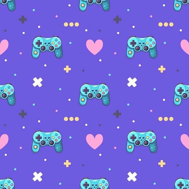 Foto nahtloses muster cartoon blaues gamepad mit herz und kreuz auf violettem hintergrund generierte ki