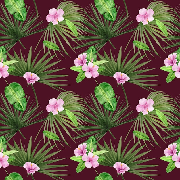 Nahtloses Muster der Aquarellillustration von tropischen Blättern und Blumenhibiskus