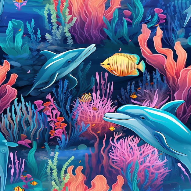 Nahtloses Muster der dynamischen Unterwassererkundung, ausdrucksstark mit malerischer, strahlender Freundlichkeit