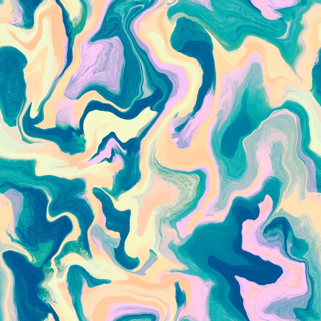 Nahtloses Muster des abstrakten Marmors. Handgezeichnete Acryl-Illustration. Textur für Druck, Stoff, Textil, Tapete. Bunter Hintergrund in den Farben Blau, Rosa, Gelb.