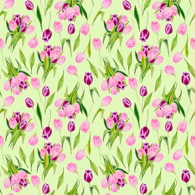 Nahtloses Muster des Aquarellfrühlings mit Tulpen auf grünem Hintergrund Auch im corel abgehobenen Betrag