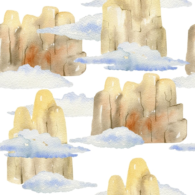 Nahtloses Muster des Aquarells mit Bergen und Wolken auf einer gezeichneten Illustration des weißen Hintergrundes Hand
