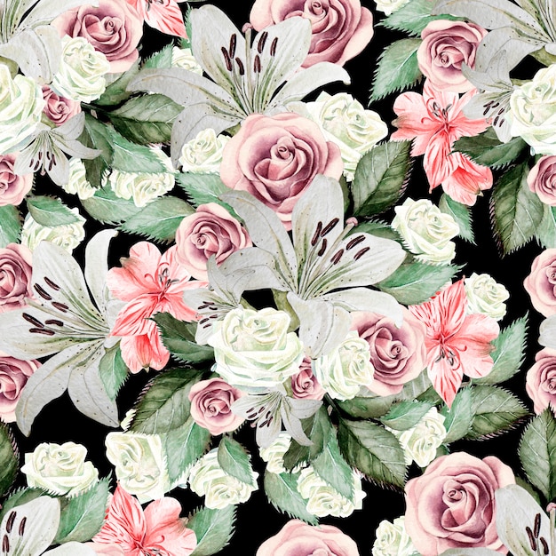 Nahtloses Muster des hellen Aquarells mit Blumenlilien, Rosen, Blättern und Alstroemeria