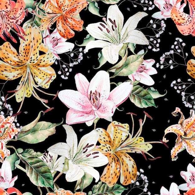 Nahtloses Muster des hellen Aquarells mit Blumenlilien und wilden Blumen Illustration