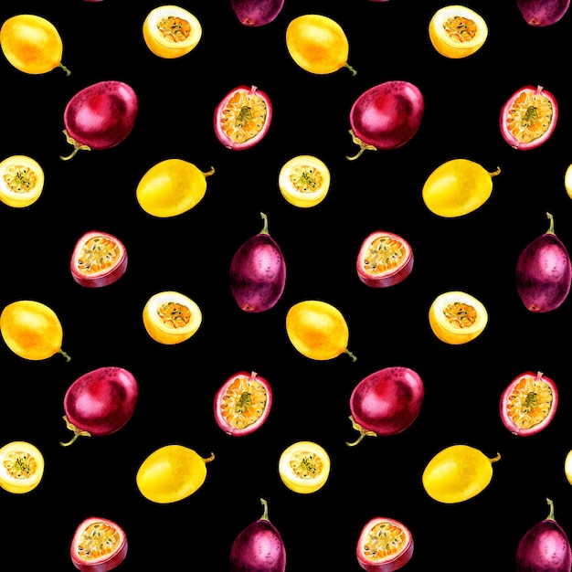 Nahtloses Muster des purpurroten gelben Maracujaaquarells lokalisiert auf dunklem Hintergrund