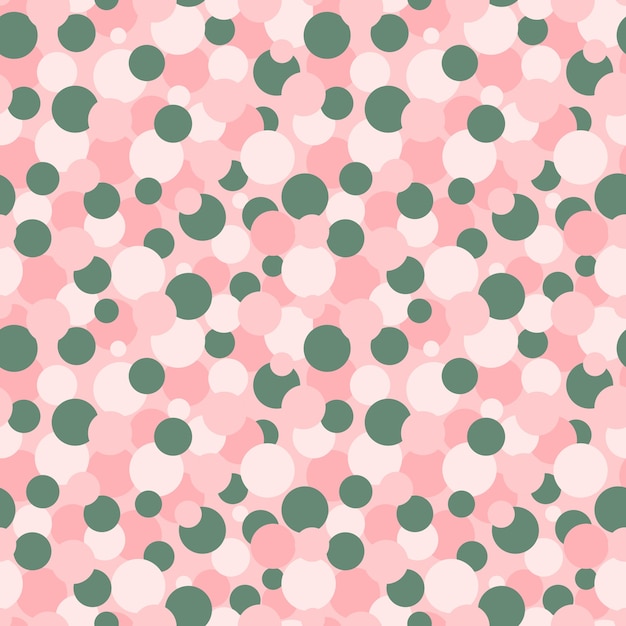Nahtloses Muster des rosa und grünen Tupfens. Runde Formen wiederholen den Druck. Kreise Hintergrund. Netter Blasenhintergrund für Textilien, Stoffe, Tapeten, Packpapier und Design.