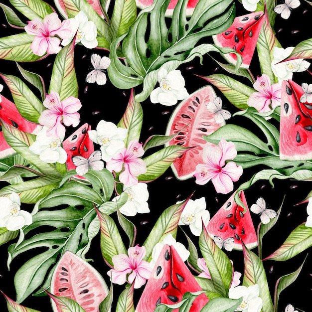 Nahtloses Muster des Sommeraquarells mit tropischen Blättern, Wassermelonenscheiben, Hibiskusblüten und Schmetterlingen. Illustration