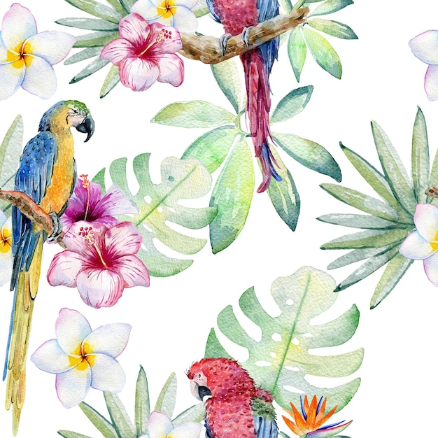 Nahtloses Muster des tropischen Aquarells mit Papagei und Blumen