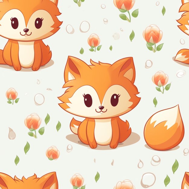nahtloses Muster eines niedlichen Fuchses mit Blumen und Blasen generative ai