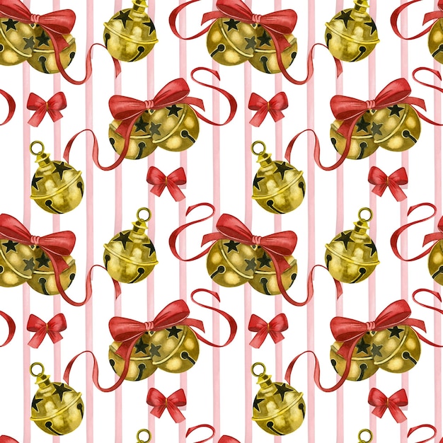 Nahtloses Muster für Weihnachtsglocken rote Schleifen handbemalt in Aquarell auf weißem Hintergrund