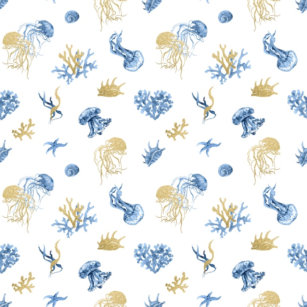 Nahtloses Muster Marineblau-goldener Coral Watercolor. Ozean, Meer Unterwasserbewohner, Fische, Quallen, Muschelset. Trendy Summer Tropical Textildruck