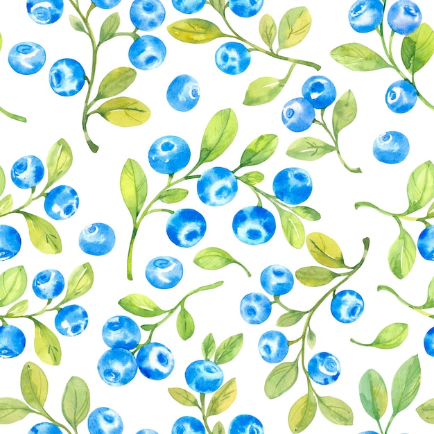 Nahtloses Muster mit Aquarell Blaubeeren und Blättern Handgezeichnete Aquarellillustration