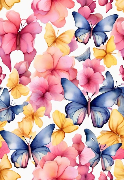Nahtloses Muster mit Aquarell-Schmetterlingen und Hibiskusblumen