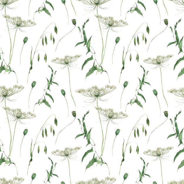 Nahtloses Muster mit Aquarell-Wildblumen auf weißem Hintergrund Nahtloses Muster im Grünen