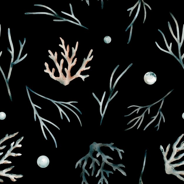 Nahtloses Muster mit Aquarellalgen und Koralle Handbemalte Muscheln