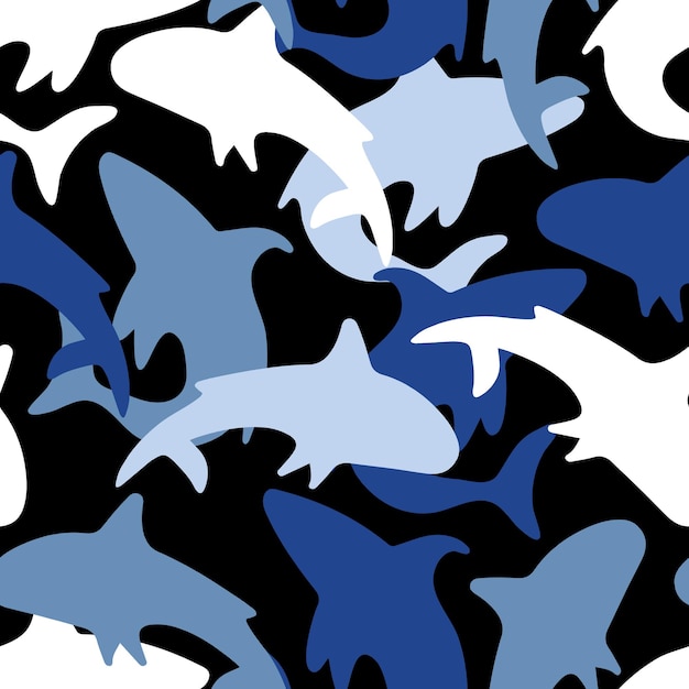 Nahtloses Muster mit blauen und weißen Hai-Silhouetten