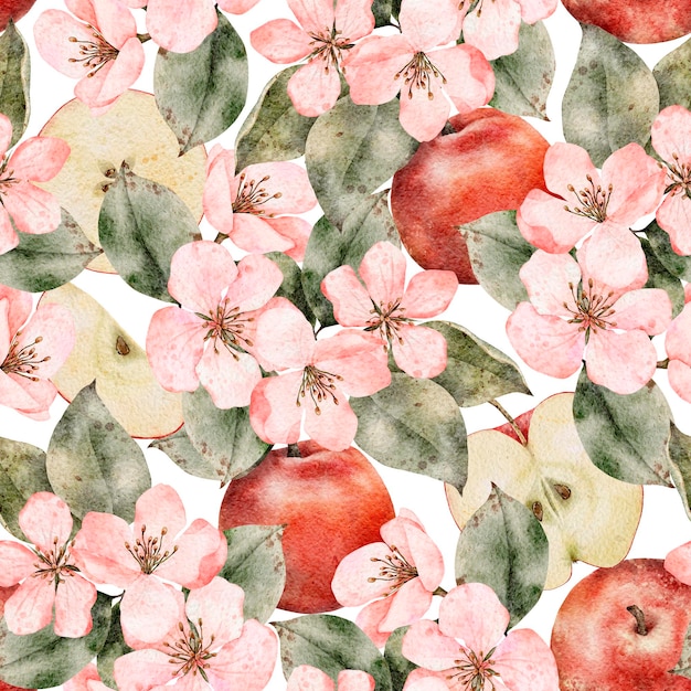 Foto nahtloses muster mit blühenden apfelbaumzweigen und früchten blumen aquarell-hintergrund perfekt für designvorlagen tapetenverpackungsstoff und textilien