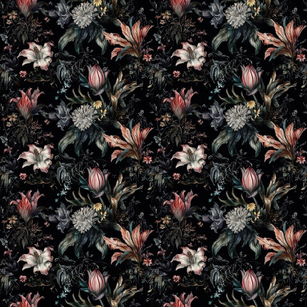 Nahtloses Muster mit Blumen auf schwarzem Hintergrund.