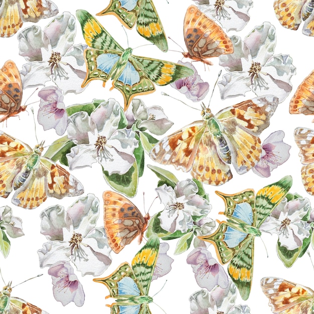 Nahtloses Muster mit Blumen und Schmetterlingen