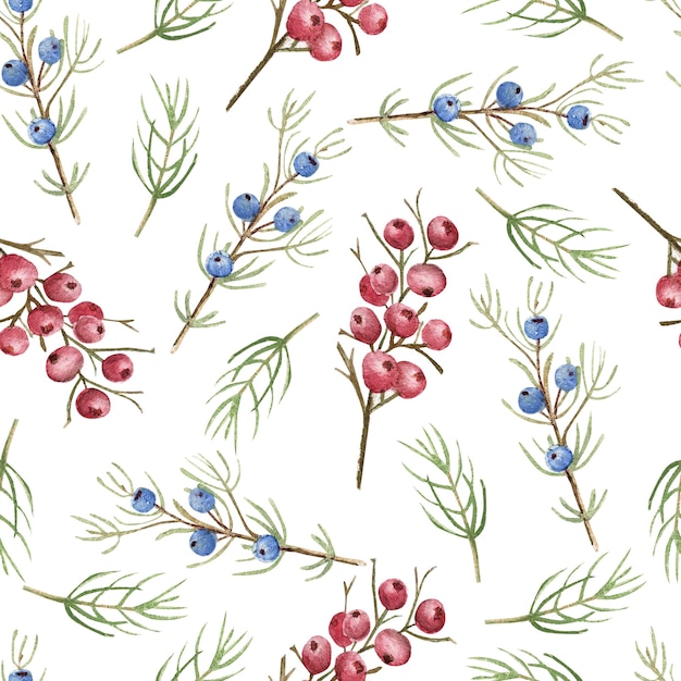 Nahtloses Muster mit Blumen von blauen und roten Beeren. Aquarell Weihnachtsillustration