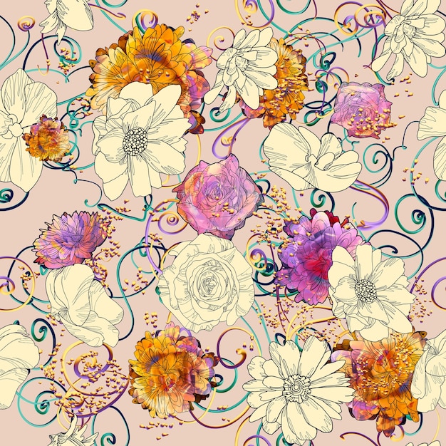 nahtloses Muster mit bunten Blumen, Blumenillustrationsmalerei