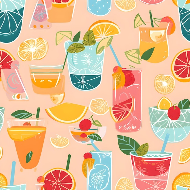Nahtloses Muster mit Cocktails auf orangefarbenem Hintergrund Generative KI