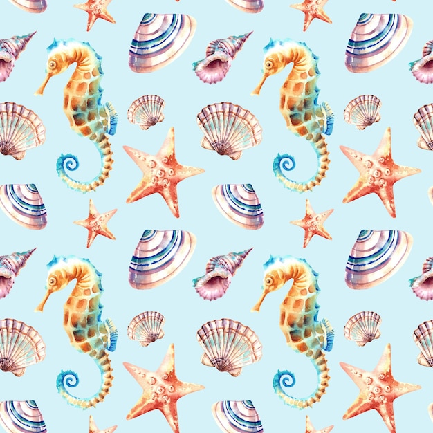 Nahtloses Muster mit dem Bild von Meerestieren Eine Komposition aus Muscheln, Schlittschuhen und Sternen Aquarell-Illustration auf einem isolierten Hintergrund Unterwasserwelt Strandurlaub