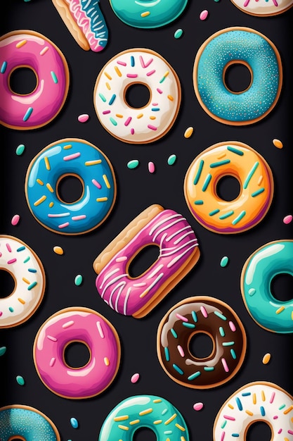 Foto nahtloses muster mit donuts auf schwarzem hintergrund generative ki-illustration