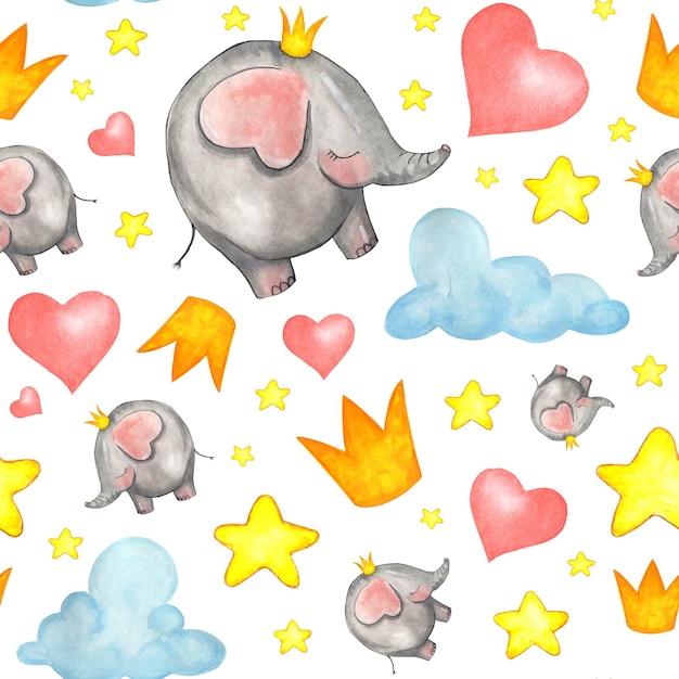 Nahtloses Muster mit Elefanten, Sternen, Wolken und Herzen.