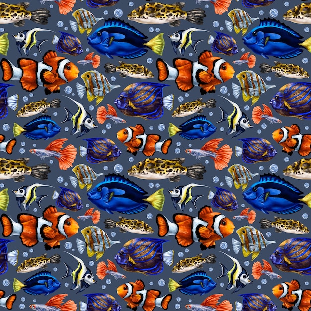 Nahtloses Muster mit farbenfrohem Meeresleben, tropischer Fischhintergrund