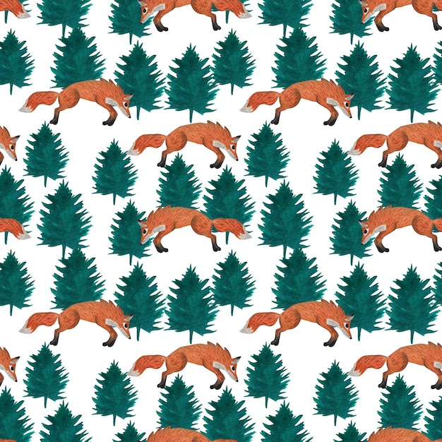 Nahtloses Muster mit Fuchs und Weihnachtsbäumen. Aquarell-Illustration im Cartoon-Stil