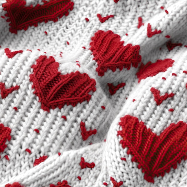 Nahtloses Muster mit gestricktem rotem Herz auf weißem Wolltextur-Tapetenhintergrunddesign Generative KI
