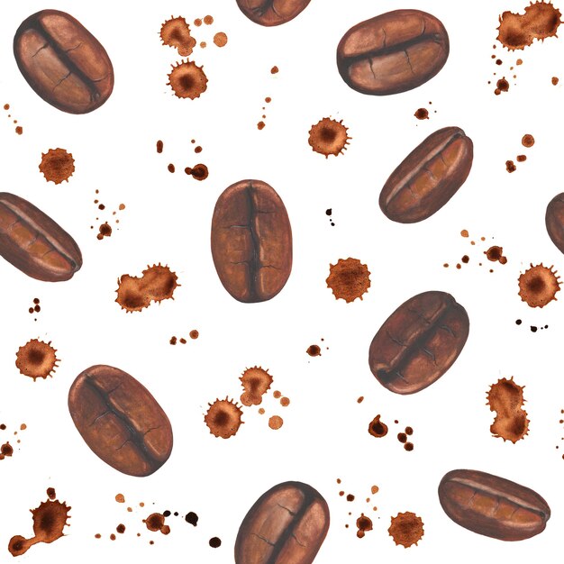 Nahtloses Muster mit handgemalten Kaffeebohnen des Aquarells und Spritzer auf weißem Hintergrund