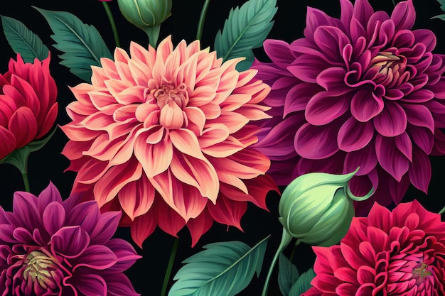 Nahtloses Muster mit handgezeichneten Dahlienblüten Generative Ai
