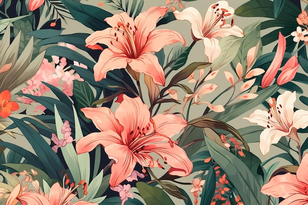 Nahtloses Muster mit handgezeichneten Illustrationen von Blumen und Blattwerk. Generative KI