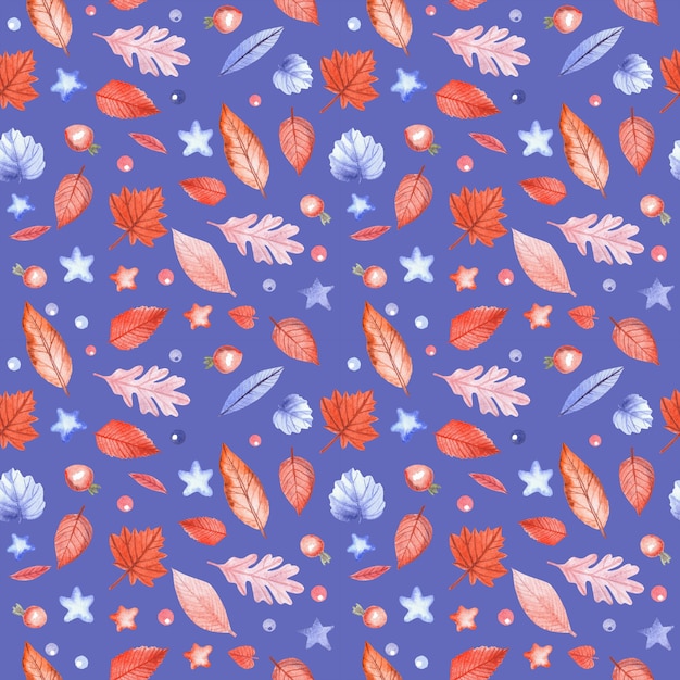 Nahtloses Muster mit Herbstlaub und Hagebuttenbeeren auf blauem Hintergrund. Handgemalte Aquarellillustration.