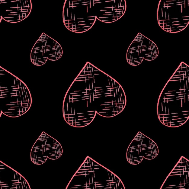 Nahtloses Muster mit Herzen, handgezeichneter Valentinstag-Hintergrund, rote Herzen auf schwarzem Hintergrund, digitales Papier, gezeichnet mit Buntstiften