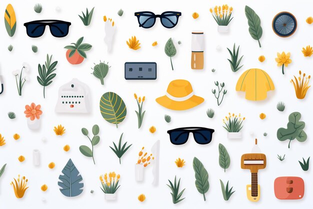Nahtloses Muster mit Hut, Sonnenbrille, Kaffeetasse und Konfetti Vektorillustration