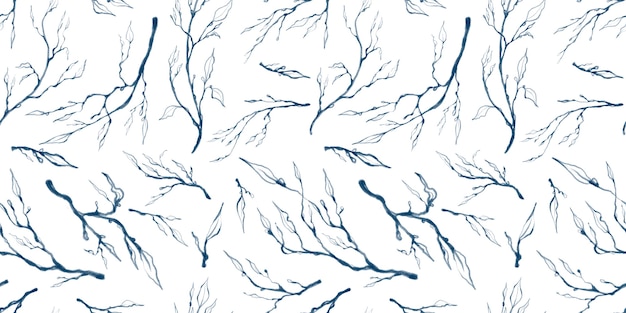 nahtloses Muster mit Illustrationen von blauen Blättern, Zweigen isoliert auf weißem Hintergrund