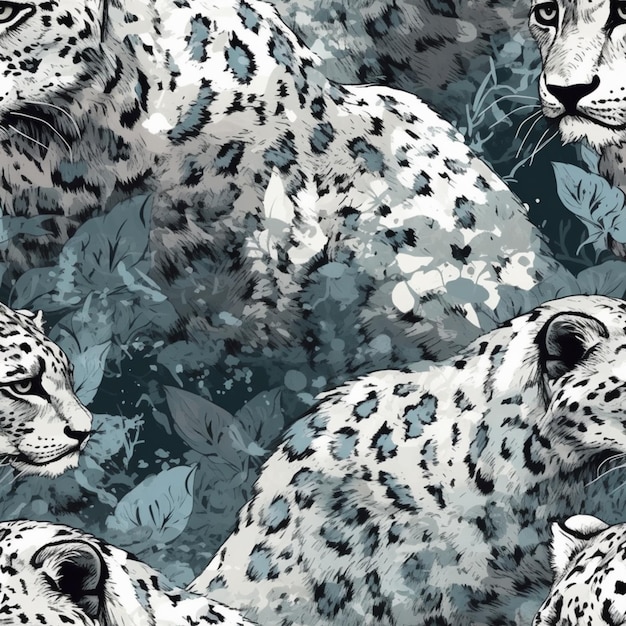 Nahtloses Muster mit Leoparden auf einem Hintergrund aus tropischen Blättern.