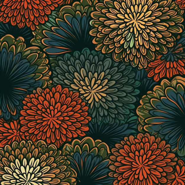 Nahtloses Muster mit orangefarbenen und grünen Blumen auf dunklem Hintergrund.
