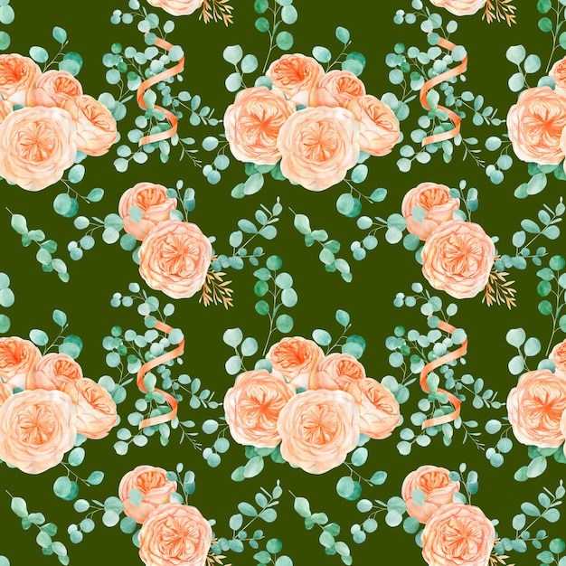 Nahtloses Muster mit Pfirsich und Orange mit englischer Rose Austin Blume und Eukalyptus