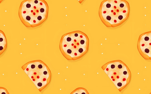 Nahtloses Muster mit Pizza auf gelbem Hintergrund.