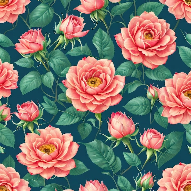 Nahtloses Muster mit rosa Rosen und grünen Blättern