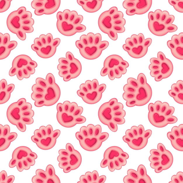 Nahtloses Muster mit rosafarbener Katzenpfote mit Herz