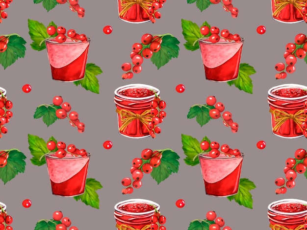 Nahtloses Muster mit roten Beeren und Glas mit Gelee Aquarell Johannisbeere isoliert auf grauem Hintergrund Handgezeichnete botanische Illustration ClipArt Beerenjoghurt