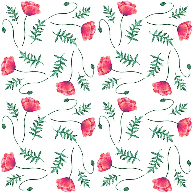 Nahtloses Muster mit roten Mohnblumen Aquarell-Papaver Grüne Stängel und Blätter Handgezeichnete botanische Illustration Auf weißer Textur für Druckstoff-Textiltapeten