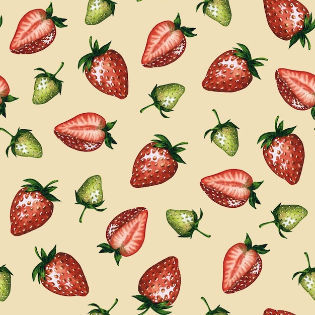 Nahtloses Muster mit saftigen roten und grünen Erdbeeren, handgezeichnete Aquarellillustration