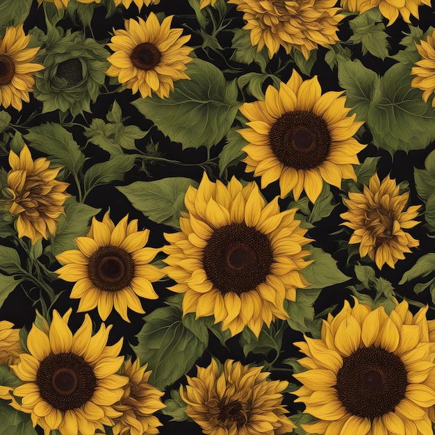 Nahtloses Muster mit Sonnenblumen auf schwarzem Hintergrund
