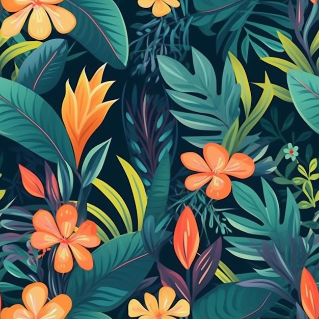 Nahtloses Muster mit tropischen Blumen auf dunklem Hintergrund.